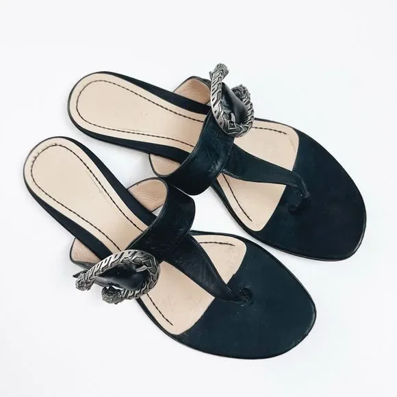 GUCCI Dionysus Black Sandal 38.5 US 8.5 Flat Flip Flop Leather T-Strap Flat GG - Picture 3 of 11